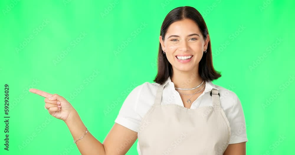 Mock up, green screen and pointing woman showing product placement space isolated in a studio background. Deal, barista and portrait of female waitress point at advertising, marketing and choice Mock up, green screen and pointing woman showing product placement space isolated in a studio background. Deal, barista and portrait of female waitress point at advertising, marketing and choice