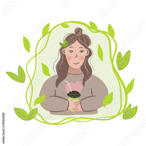 Young woman drinks matcha tea in a plastic cup. japanese traditions, green tea, coffee to go. coffee house. flat illustration