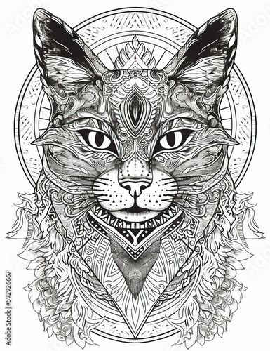 Beautiful cat illustration for coloring book, intricate ink lines, black and white -Generative Ai