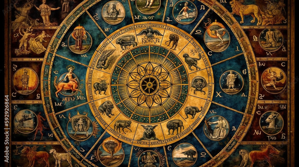 astrology, Astronomical clock close-up. Zodiac signs Generative AI