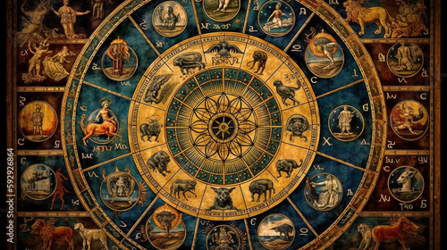 astrology, Astronomical clock close-up. Zodiac signs Generative AI photo