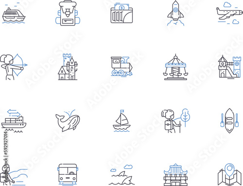 Traveling people outline icons collection. Travellers, Voyagers, Roamers, Explorers, Adventurers, Wanderers, Journeyers vector and illustration concept set. Globetrotters,Vagabonds,Backpackers linear