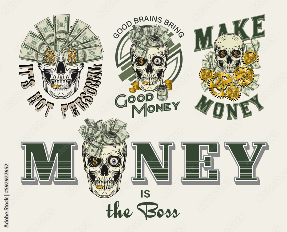 Set of colorful money vintage labels with skull, text. Fantasy, creative, meaningful, fancy concept of illustrations. White background. For prints, clothing, apparel, tattoo, t shirt, surface design