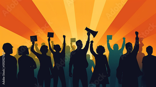 Silhouettes of people protesting with a megaphone. Vector illustration. photo