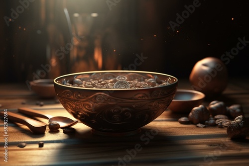 Raster illustration of bowl with platenets around. Coffee cup in space. Astronomy, study of the universe, magical realism, mystery, mars, jupiter, earth. The science concept. 3D. Generative AI