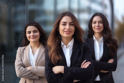 A group of business executive women, confident, portrait posing , not real persons, Generative Ai