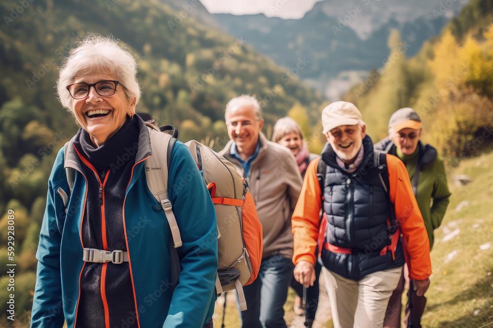 Active 60-Year-Olds Engaging in Hiking, Socializing, and Exploring Cultural Landmarks. Generative AI