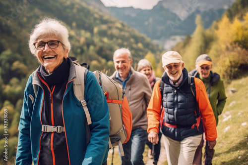 Active 60-Year-Olds Engaging in Hiking, Socializing, and Exploring Cultural Landmarks. Generative AI