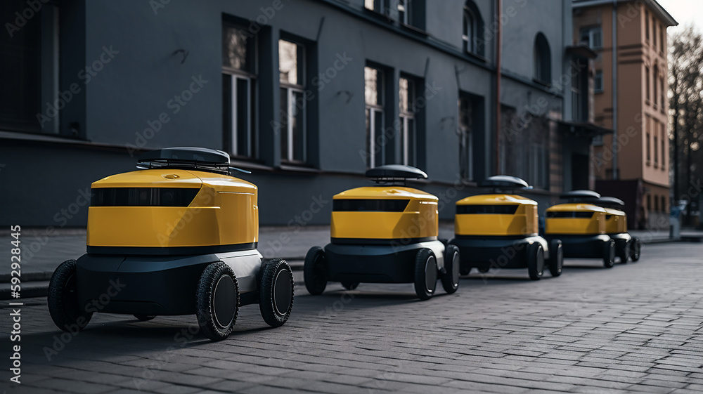 yellow robot of the future delivers food through the streets in the city.Smart robot technology. .Generative AI yellow robot of the future delivers food through the streets in the city.Smart robot technology. .Generative AI