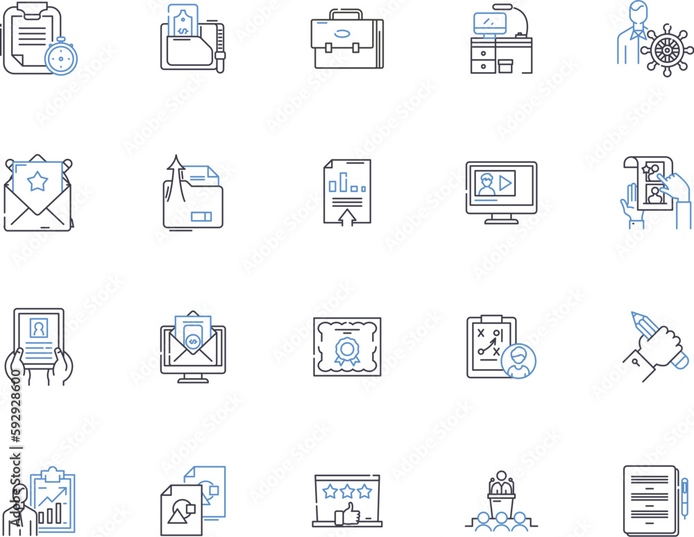 Presentation outline icons collection. Presentation, Speech, Slideshow, Demonstration, Exposition, Talk, Lecture vector and illustration concept set. Introduction, Performance, Address linear signs