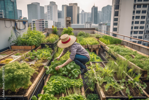 Fotobehang City Rooftop Garden: A Resident Tending to Their Urban Green Space