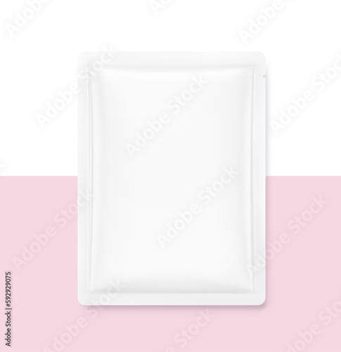 Hyper realistic sachet mockup with drop shadow. Vector illustration isolated on white background. Flat lay view. Packaging for cosmetic, food, pet. Ready for your design. EPS10. 