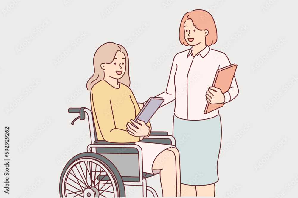 Woman in wheelchair near colleagues who help people with disabilities perform professional duties Woman in wheelchair near colleagues who help people with disabilities perform professional duties