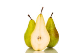 Two whole and one half ripe organic pears, macro, on a white background.