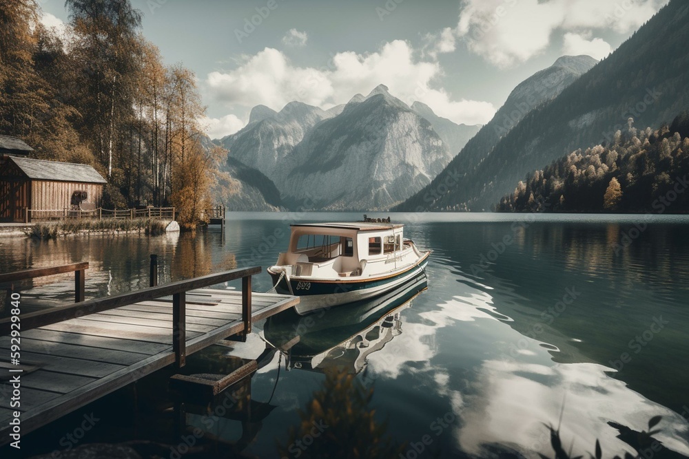 a boat is docked at a pier in a mountain lake with a dock and mountains in the background, with a dock in the foreground.  generative ai