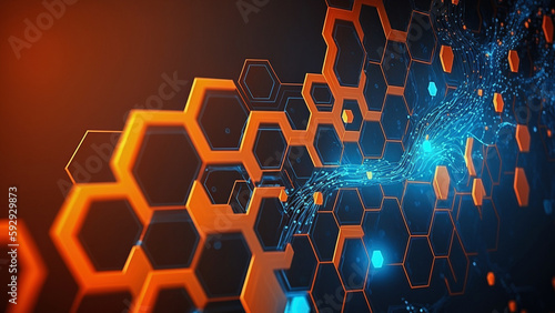 Digital technology banner orange and blue, cyber security, hexagonal, background concept, cyber technology light effect 01 generative ai