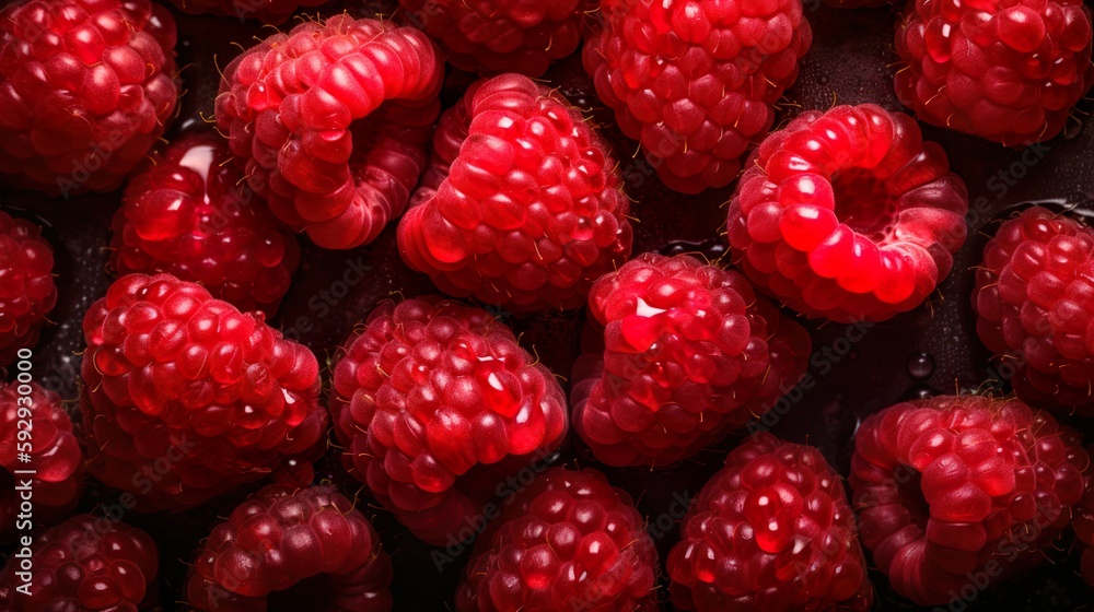 Fresh healthy & organic red raspberries with drops of water. From above. Close up. Macro. Greens. Food magazine. Food Design. Close up of red raspberries. Fruit. Generative AI. Fresh healthy & organic red raspberries with drops of water. From above. Close up. Macro. Greens. Food magazine. Food Design. Close up of red raspberries. Fruit. Generative AI.