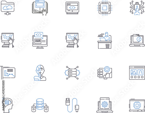 Web programming outline icons collection. Web, programming, HTML, CSS, JavaScript, AJAX, XML vector and illustration concept set. PHP, MySQL, JQuery linear signs