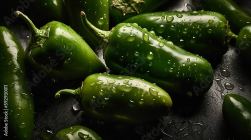 Fresh healthy   organic green jalapenos with drops of water. From above. Close up. Macro. Greens. Food magazine. Food Design. Close up of green jalapenos. Vegetable. Generative AI.