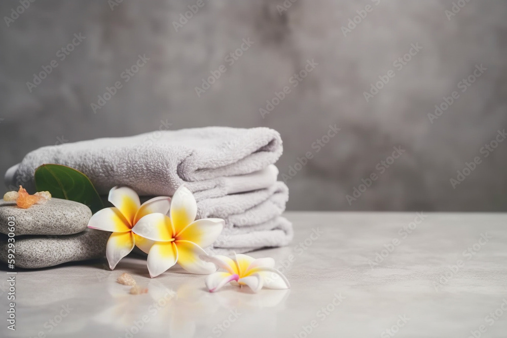 Spa concept with stones and plumeria. Super photo realistic background, generative ai illustration Spa concept with stones and plumeria. Super photo realistic background, generative ai illustration