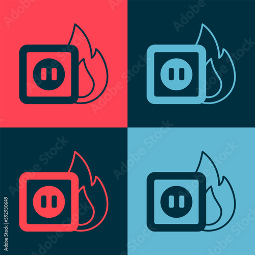 Pop art Electric wiring of socket in fire icon isolated on color background. Electrical safety concept. Plug outlet on fire. Vector