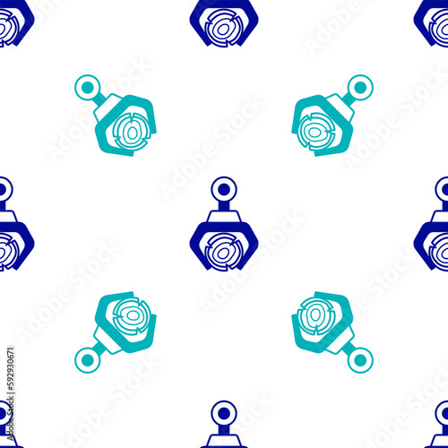 Blue Grapple crane grabbed a log icon isolated seamless pattern on white background. Forest industry. Industrial crane for lumber trunk wood production. Vector