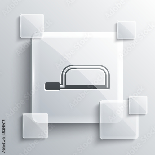 Grey Hacksaw icon isolated on grey background. Metal saw for wood and metal. Square glass panels. Vector