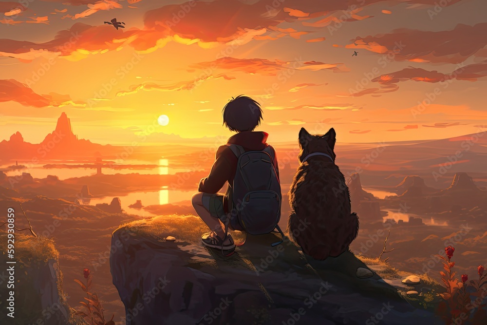 A boy and his puppy looking at the sunset, anime, fantasy, generative ai A boy and his puppy looking at the sunset, anime, fantasy, generative ai