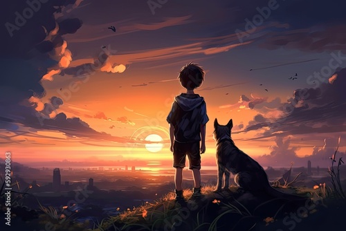 A boy and his puppy looking at the sunset  anime  fantasy  generative ai