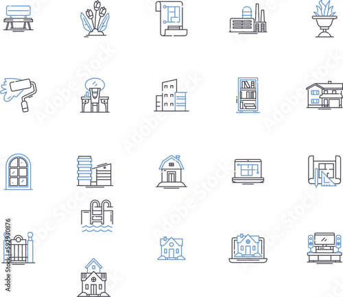Construction project outline icons collection. building, infrastructure, architecture, engineering, design, erection, installation vector and illustration concept set. project, redevelopment, masonry