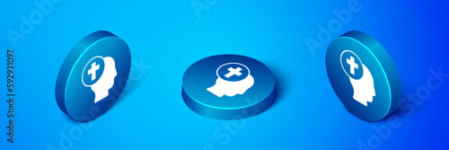 Isometric Priest icon isolated on blue background. Blue circle button. Vector