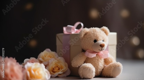 Roses with gifts and teddy bear with copy space for text, background for special celebration like valentine's day, women's day and mother's day etc.