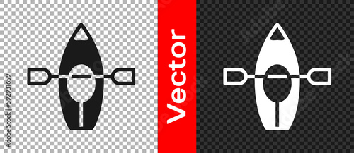 Black Kayak and paddle icon isolated on transparent background. Kayak and canoe for fishing and tourism. Outdoor activities. Vector