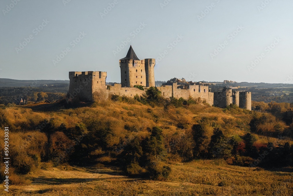 Scenic view of an old medieval castle on a hill on a beautiful autumn day Scenic view of an old medieval castle on a hill on a beautiful autumn day