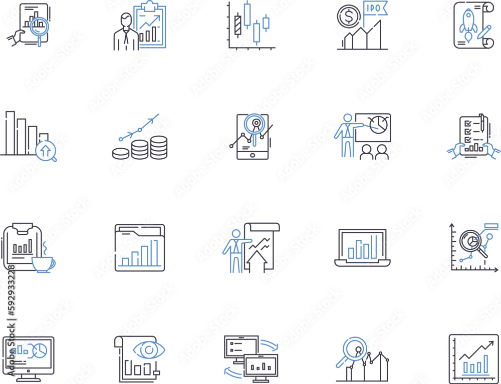 Statistics outline icons collection. statistics, analysis, data, probability, sampling, synthesis, mean vector and illustration concept set. variable,regression,correlation linear signs