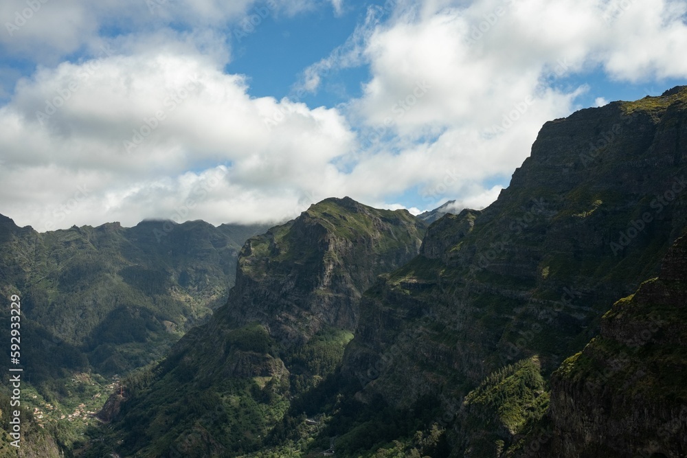 Aerial view of mountains in Madeira Island with a cloudy sky in the background, Portugal