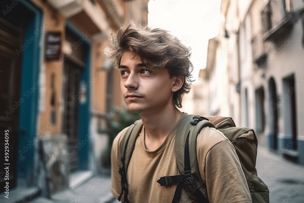 Fototapeta premium young adult man travels with a backpack through an old town on a narrow side street, fictional place. Generative AI