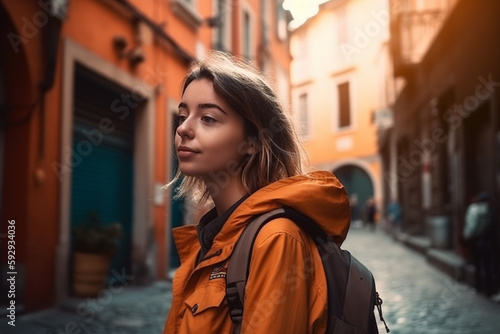 young adult woman travels with a backpack through an old town on a narrow side street, fictional place. Generative AI © wetzkaz