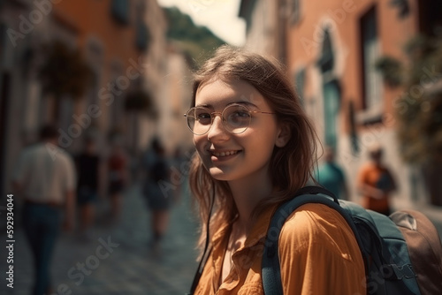 young adult woman travels with a backpack through an old town on a narrow side street, fictional place. Generative AI