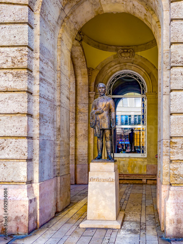 bronze statue of Eotvos Lurand in Budapest, Hungary. 1848-1919. He was more commonly called Baron Roland von Eotvos in English literature.Hungarian physicist.in front of ELTE University Faculty of Law photo