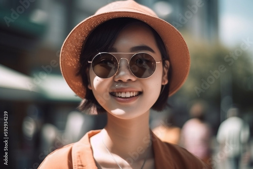 young adult woman with summer shirt in nice weather with sunshine, fictitious location. Generative AI