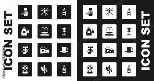 Set Bottle of olive oil, Fountain, Perfume, Pinocchio, Mannequin, Vitruvian, Coffee cup and Roman army helmet icon. Vector