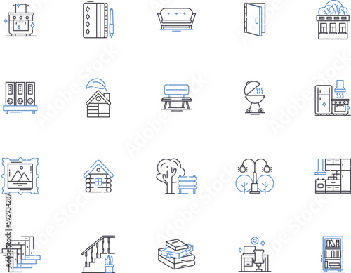 Living at home outline icons collection. Dwell, Reside, Abide, Occupy, Co-habit, Inn, Household vector and illustration concept set. Home, Surviving, Lounging linear signs