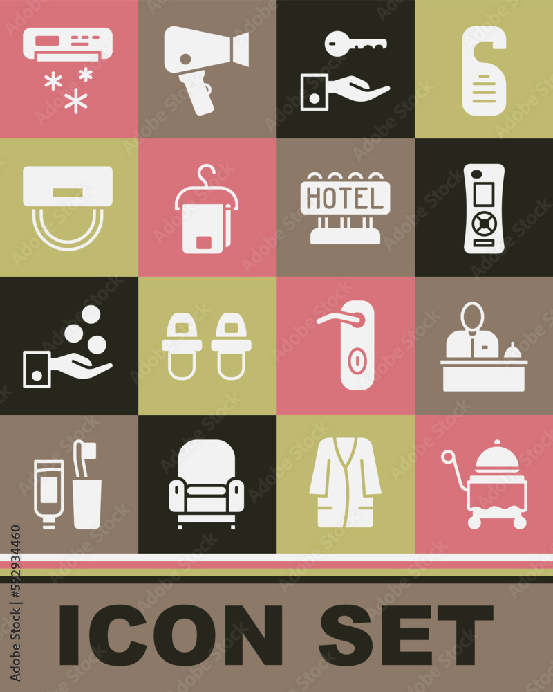 Set Covered with tray, Hotel reception desk, Remote control, door lock key, Towel hanger, Bellboy hat, Air conditioner and Signboard text icon. Vector Set Covered with tray, Hotel reception desk, Remote control, door lock key, Towel hanger, Bellboy hat, Air conditioner and Signboard text icon. Vector