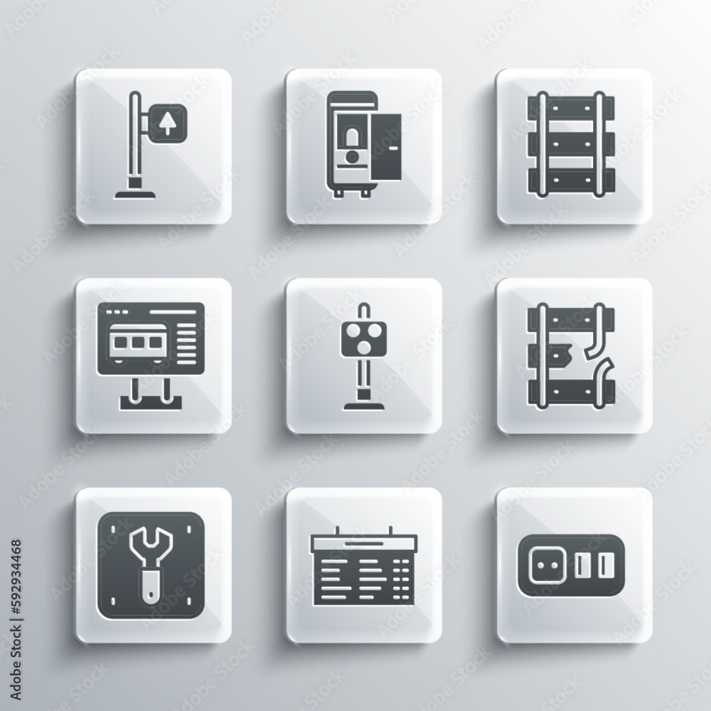 Set Train station board, Electrical outlet, Broken rails railway, traffic light, Repair of, Ticket office to buy tickets, Road signpost and Railway, railroad track icon. Vector Set Train station board, Electrical outlet, Broken rails railway, traffic light, Repair of, Ticket office to buy tickets, Road signpost and Railway, railroad track icon. Vector