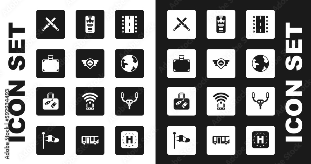 Set Airport runway, Aviation emblem, Suitcase, Marshalling wands, Worldwide, Mobile with ticket, Aircraft steering helm and icon. Vector Set Airport runway, Aviation emblem, Suitcase, Marshalling wands, Worldwide, Mobile with ticket, Aircraft steering helm and icon. Vector
