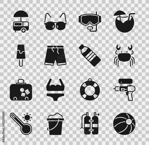 Set Beach ball, Water gun, Crab, Diving mask, Swimming trunks, Ice cream, Fast street food cart and Bottle of water icon. Vector