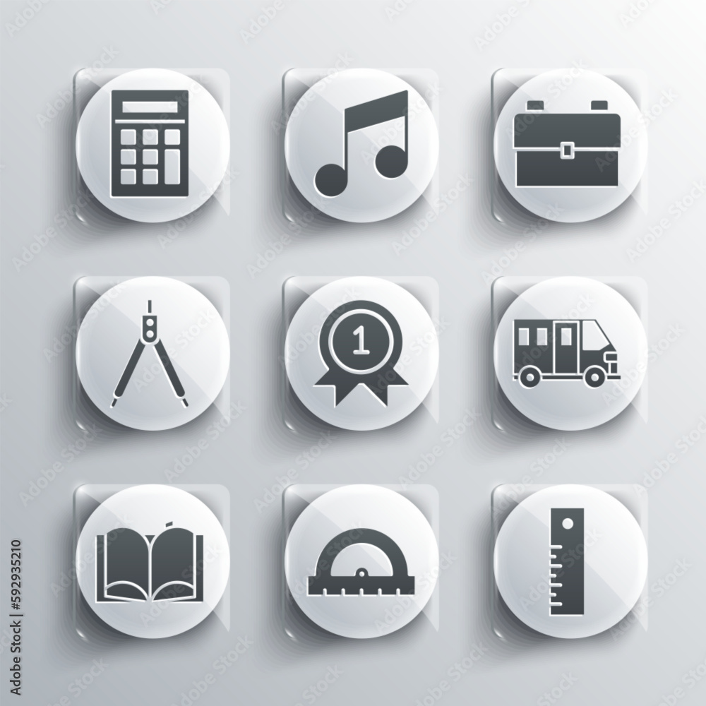 Set Protractor, Ruler, School Bus, Medal, Open book, Drawing compass, Calculator and backpack icon. Vector Set Protractor, Ruler, School Bus, Medal, Open book, Drawing compass, Calculator and backpack icon. Vector