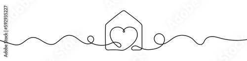 House sign in continuous line drawing style. Line art of house icon and heart shape. Vector illustration. Abstract background