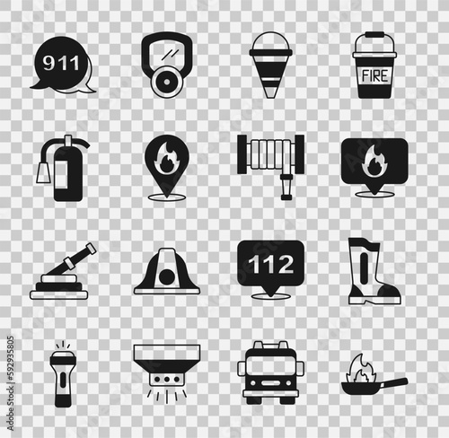 Set Pan with fire, Fire boots, Location flame, cone bucket, extinguisher, Emergency call 911 and hose reel icon. Vector